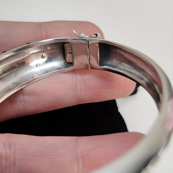 1930's Art Deco Sterling Silver Red Paste Rhinestone Marcasite Hinged Bracelet - Picture 7 of 16